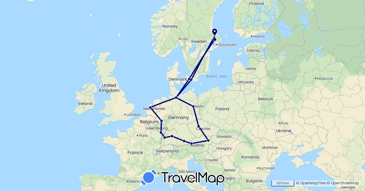 TravelMap itinerary: driving in Austria, Czech Republic, Germany, Denmark, France, Netherlands, Sweden (Europe)